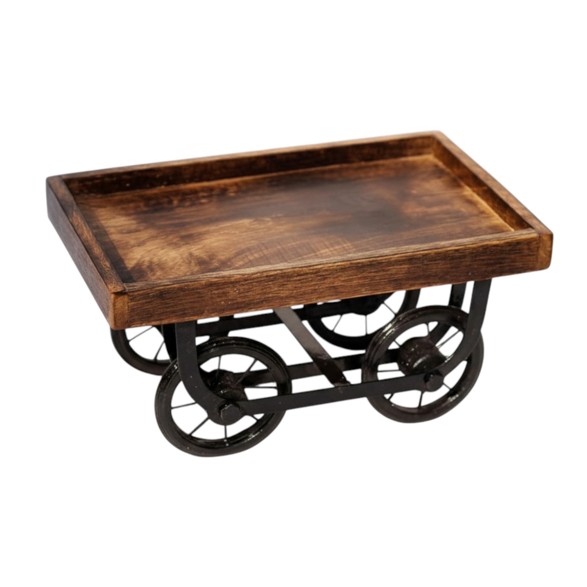 Madan Handicraft Wooden Thela Trolley Style Tray | Moveable Wheels Serving Tray for Tea & Snacks, Gift Item-image-34