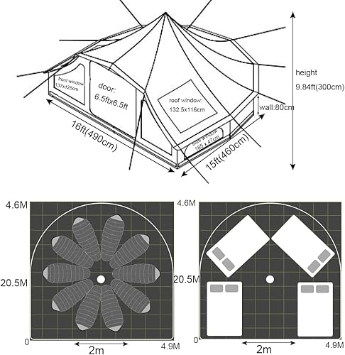 Miniatura 4 de UNISTRENGH Tienda de campaña de lona de algodón impermeable grande para 4 estaciones yurta glamping con agujero para estufa para 6-8 personas