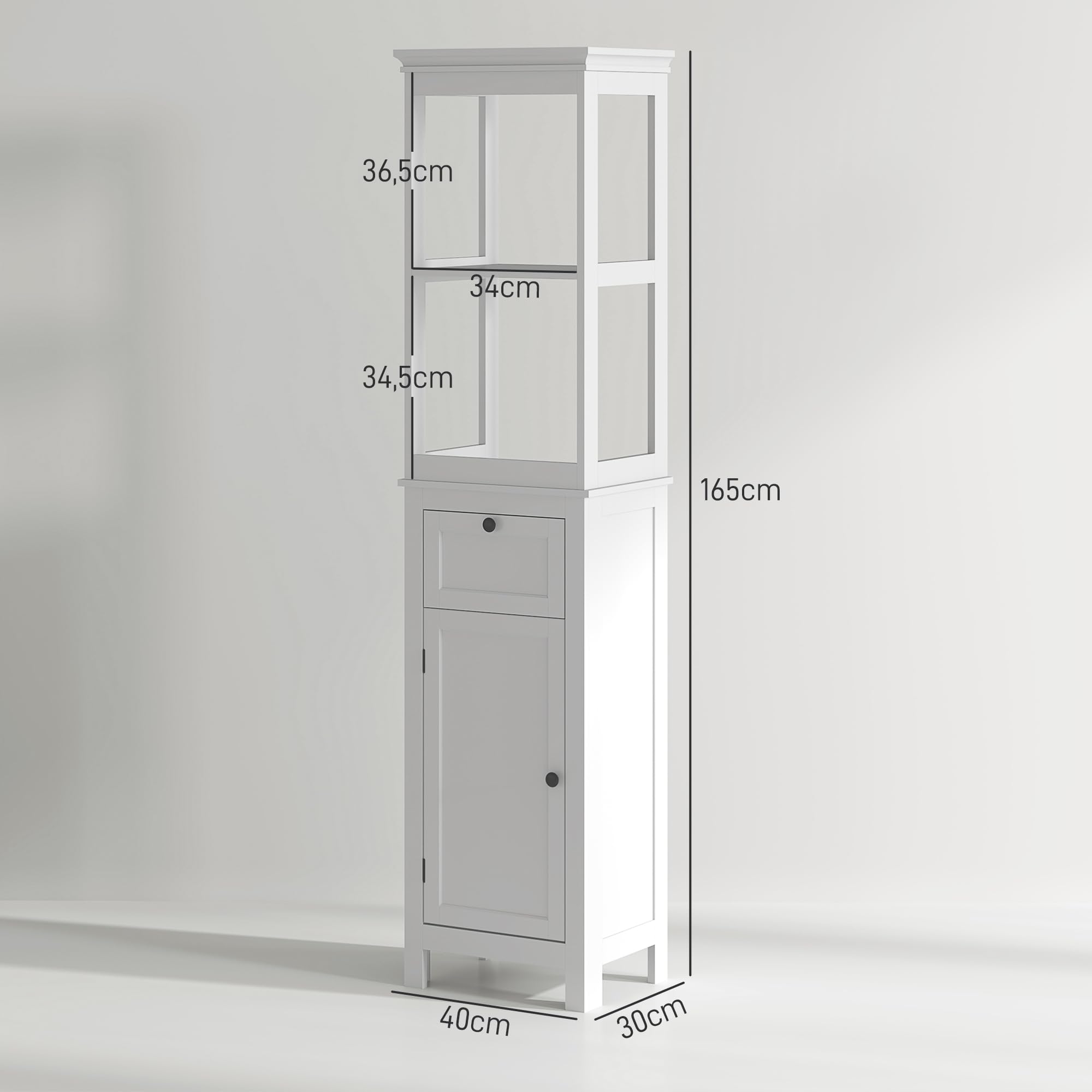 HOMCOM Columna de Baño Armario de Baño 40x30x165 cm con Cajón Puerta Estante Ajustable y 2 Compartimientos Estilo Moderno Blanco