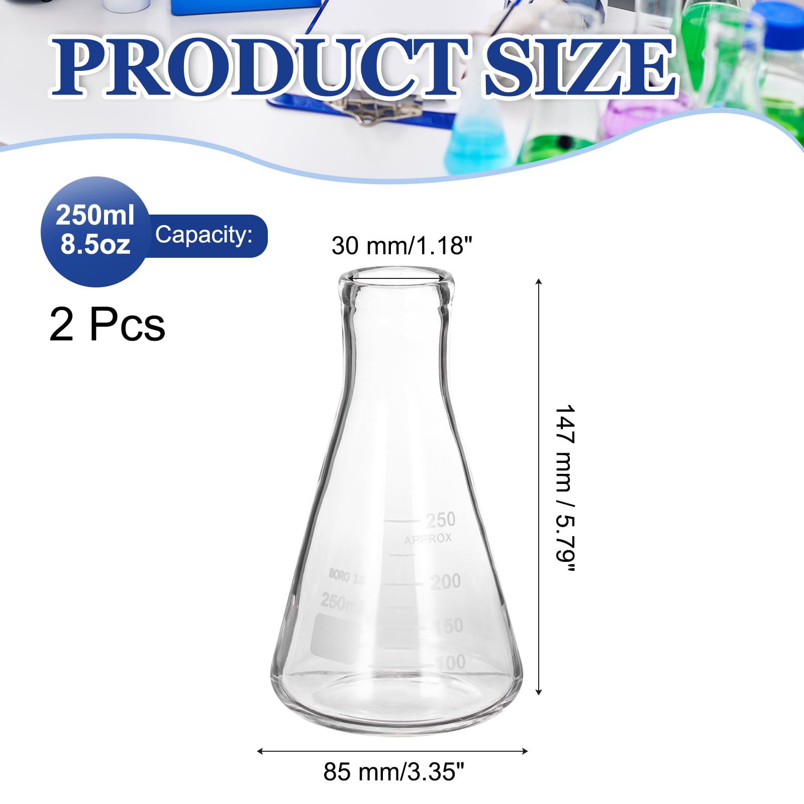 PATIKIL PATIKIL 250ml 8.5oz Matraz Erlenmeyer De De Vidrio De Silicona Arena 2 Pcs|Boca Estrecha Matraz Cónico Borosilicato 3.3 Con Tapón Núcleo De Matraces Graduados Con Escala Impresa