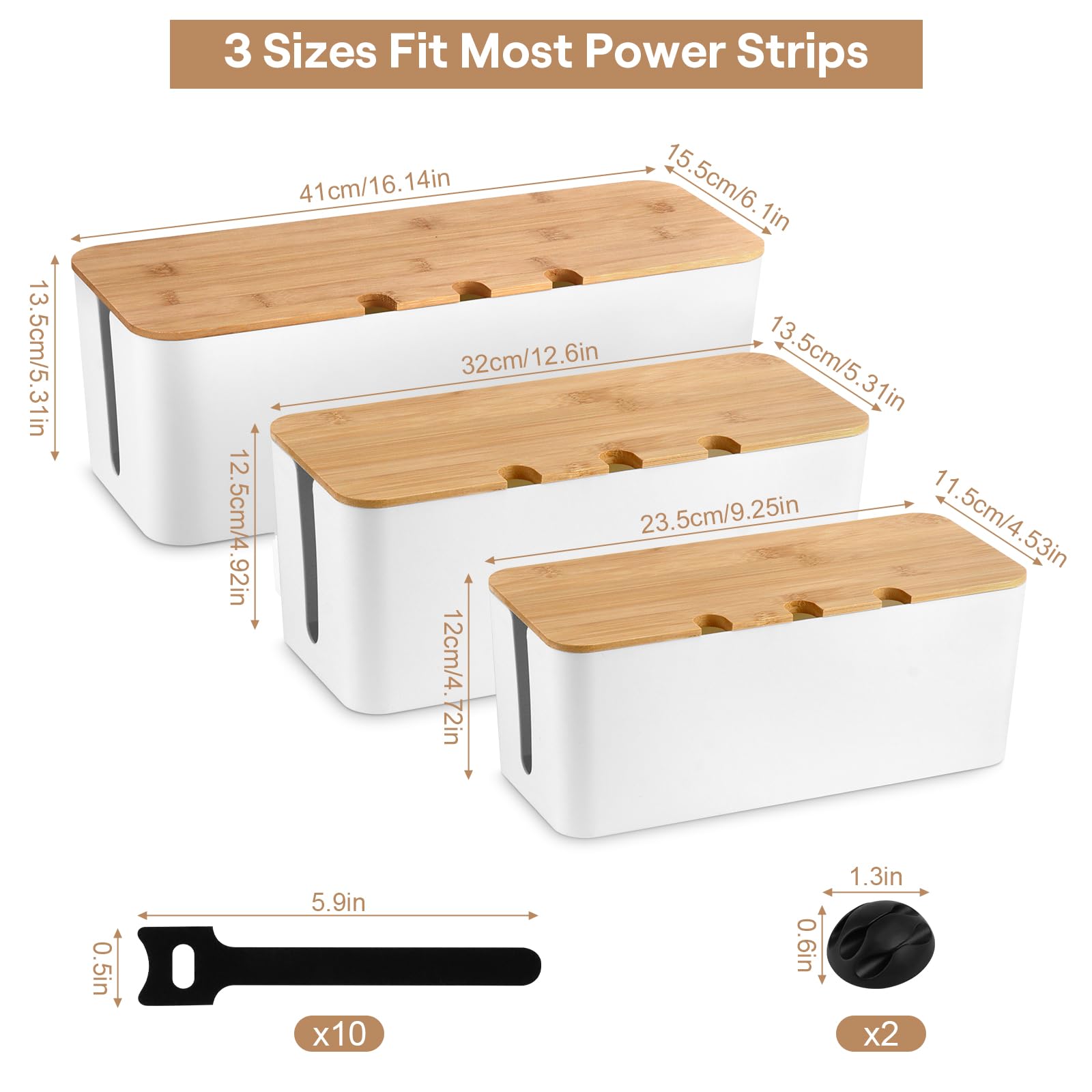 Set de 3 Caja Organizadora de Cables, Caja de Gestión de Cables con Tapa de Bambú, Cajas Guarda Cables, Ocultar Organizador Cables para Regletas TV Escritorio