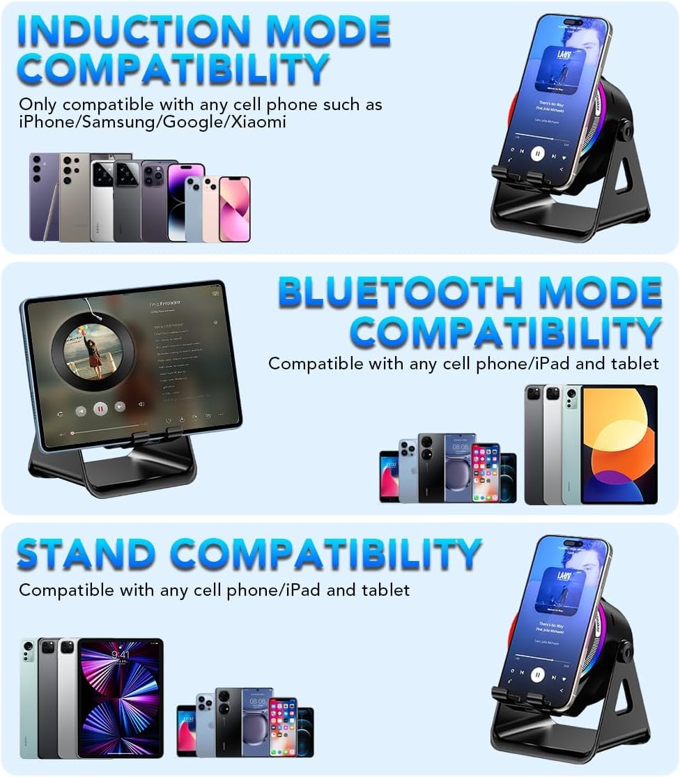 Altoparlante Bluetooth a induzione wireless 5 in 1 con supporto rotondo regolabile per telefono, altoparlante Bluetooth stereo multifunzionale, luce ambientale 8 RGB e lunga durata della