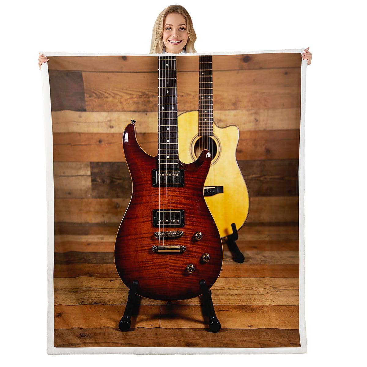 Erosebridal Elektrische Gitarre Sherpa Decke Akustikgitarre Decke Vintage Gitarre Shop Überwurfdecke für Stuhl Braun Holzstreifen Fleecedecke Retro Bauernhof Stil Plüsch Decke Musiker Zimmer Dekor