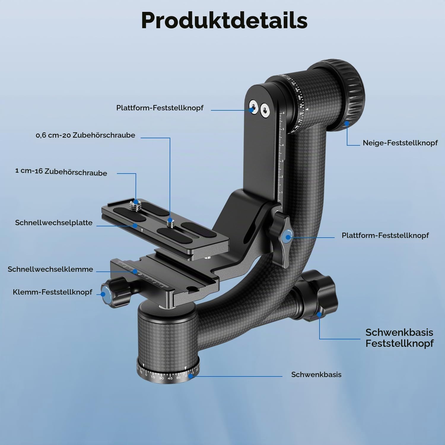 SIRUI PH-20 Gimbal Stativkopf Kohlefaser, Gimbal Head Professional Heavy Duty 360°Panorama mit 20 KG Tragkraft, mit 1/4 Zoll Arca-Swiss Schnellwechselplatte für Kamera