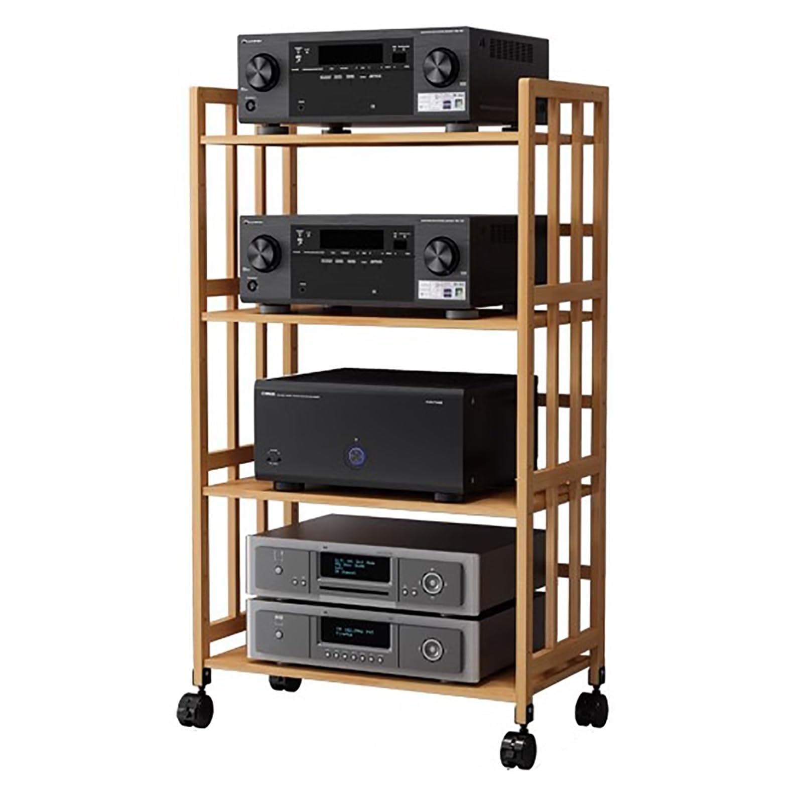 Bambusowy stojak audio na kółkach, regulowany, 4-poziomowy stojak na komponenty stereo, pionowa półka na odtwarzacz winylowy, mobilna konsola multimedialna, wysokość 123 cm, szerokość 70 cm