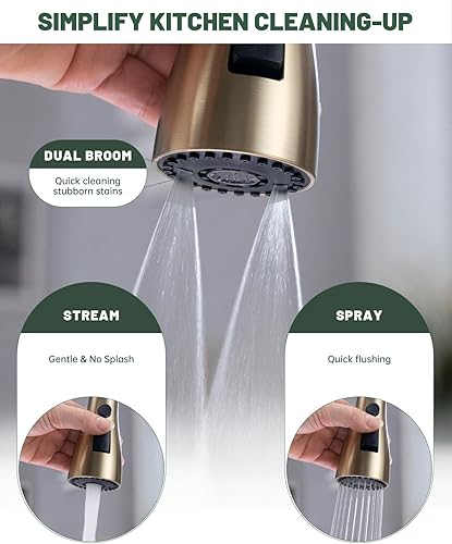 Miniatura 3 de DAYONE Grifo de cocina dorado cepillado con rociador desplegable (3 modos), grifo de acero inoxidable para fregadero de cocina, arco alto de una