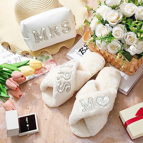 Image of Xtinmee Personalized Initial Wedding Bride Slipper Mrs Pearl Letter Makeup Bag Bachelorette Party Bridal Shower Wedding Gifts(M)