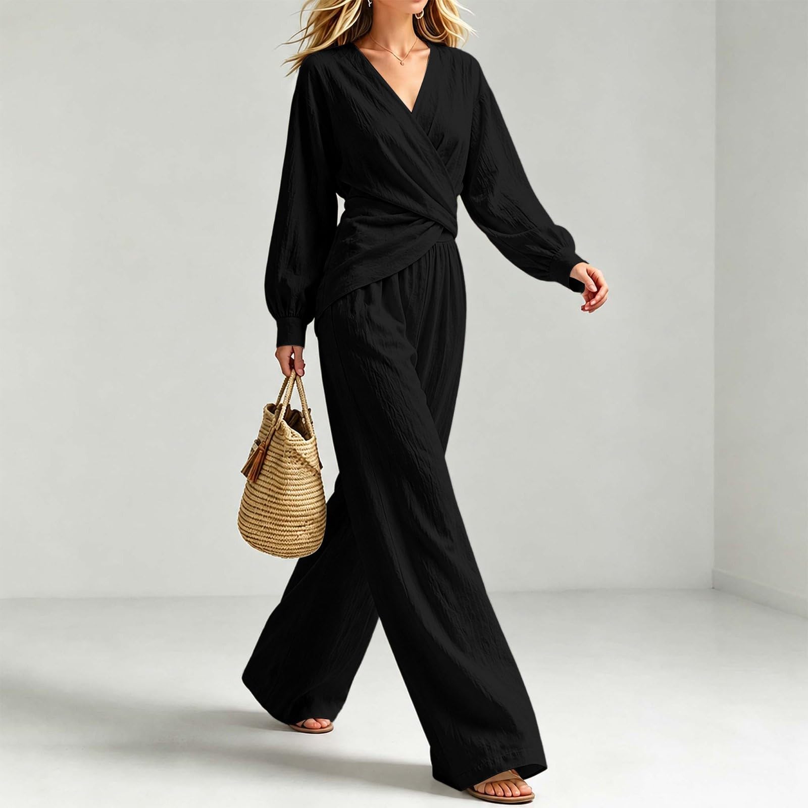 Set da 2 pezzi da donna Co Ord, casual, con scollo a V, a maniche lunghe, pantaloni a gamba larga, traspiranti, comodi, da viaggio, spiaggia, vacanze, tempo libero
