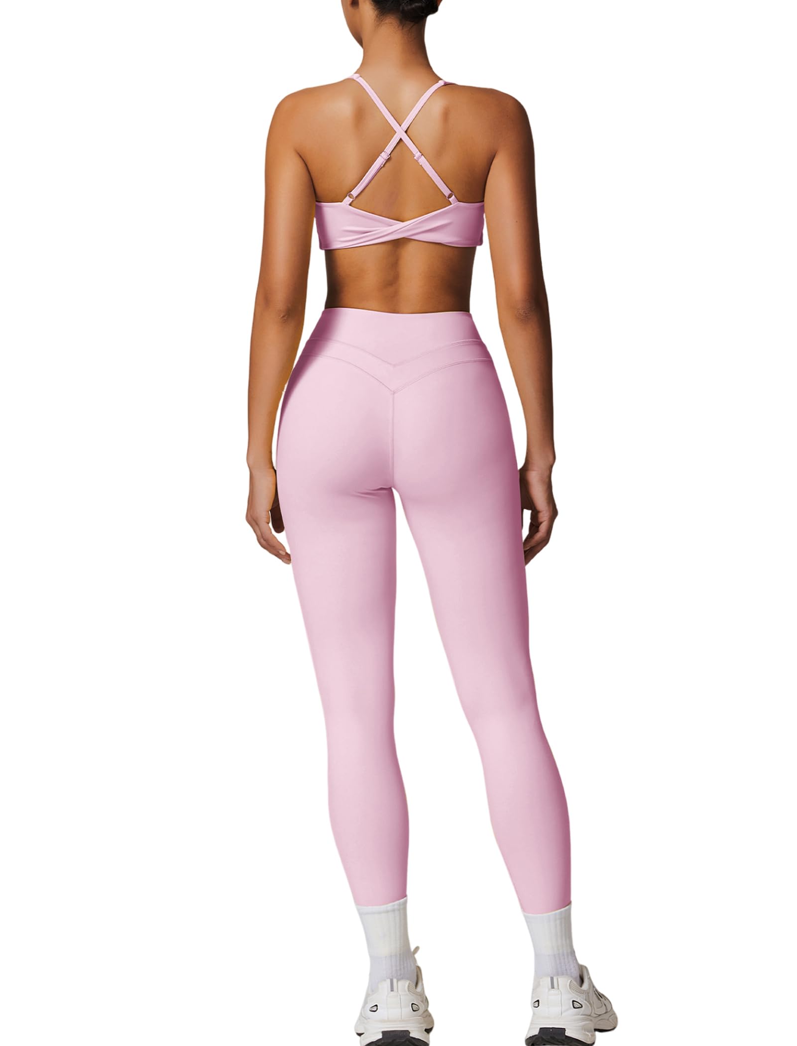 QBGJTD Two Piece Womens Workout Sets for Women U Neck Cross Back Sports Bras Matching Tummy Control High Waist Leggings Set Gym Yoga Jogger Athletic Clothes Pilates 2 Piece Outfits Pink S