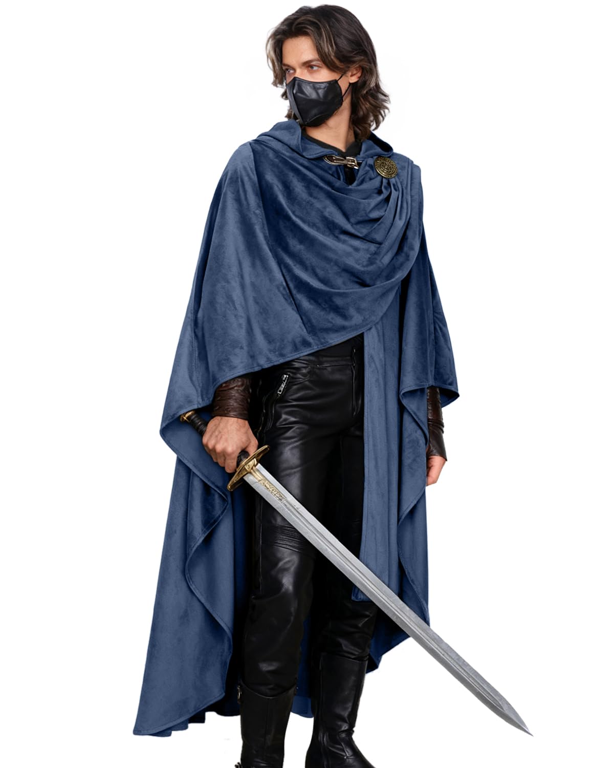 L'VOW Medieval Corduroy Hooded Cloak - Renaissance Hooded Cape with Adjustable Brooch, Halloween Wizard Cosplay Costume, Navy Blue, One Size
