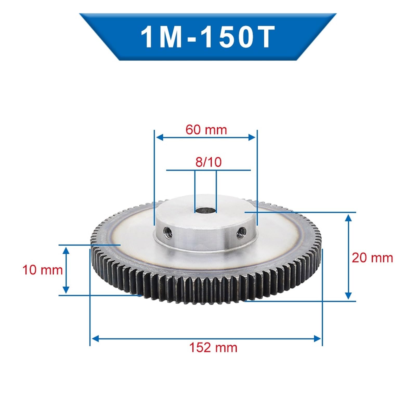 Bevel Gear Pinion Hardware Mechanical Spur Gear 1M-150T Teeth Height 10mm Bore Size 8/10mm Motor Gear Low Carbon Steel for Tramission Part(10mm)