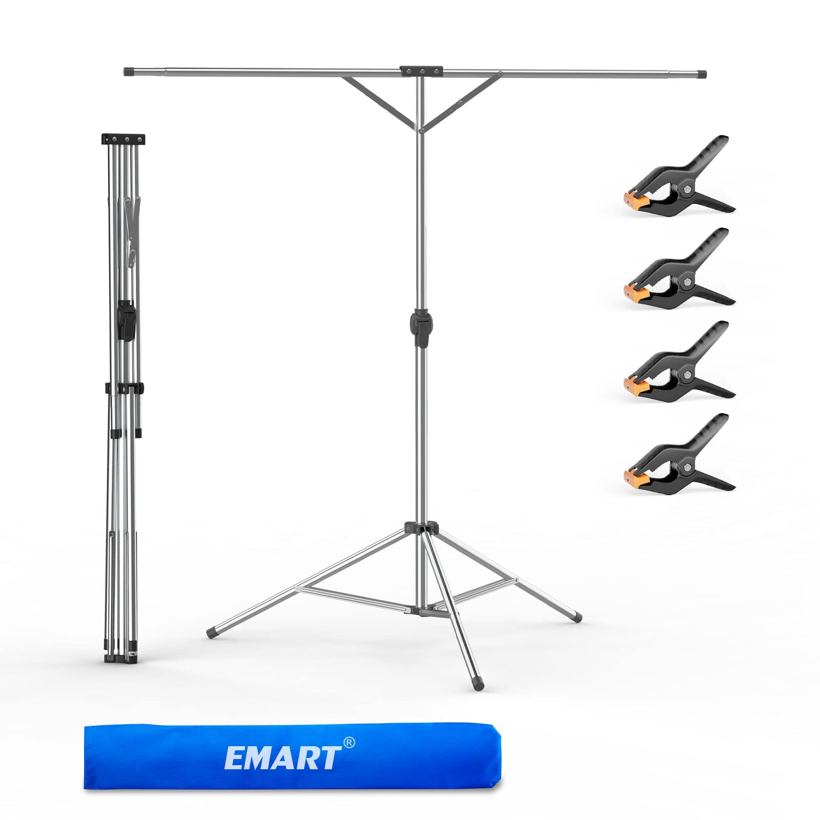 EMART 5.6x6ft Backdrop Stand, T Shape Portable Backdrop Stand Stainless Steel Background Stand Kit with 4 Clamps & Carry Bag, Photo Video Adjustable Stand for Photography, Wedding, Party, Zoom, Studio