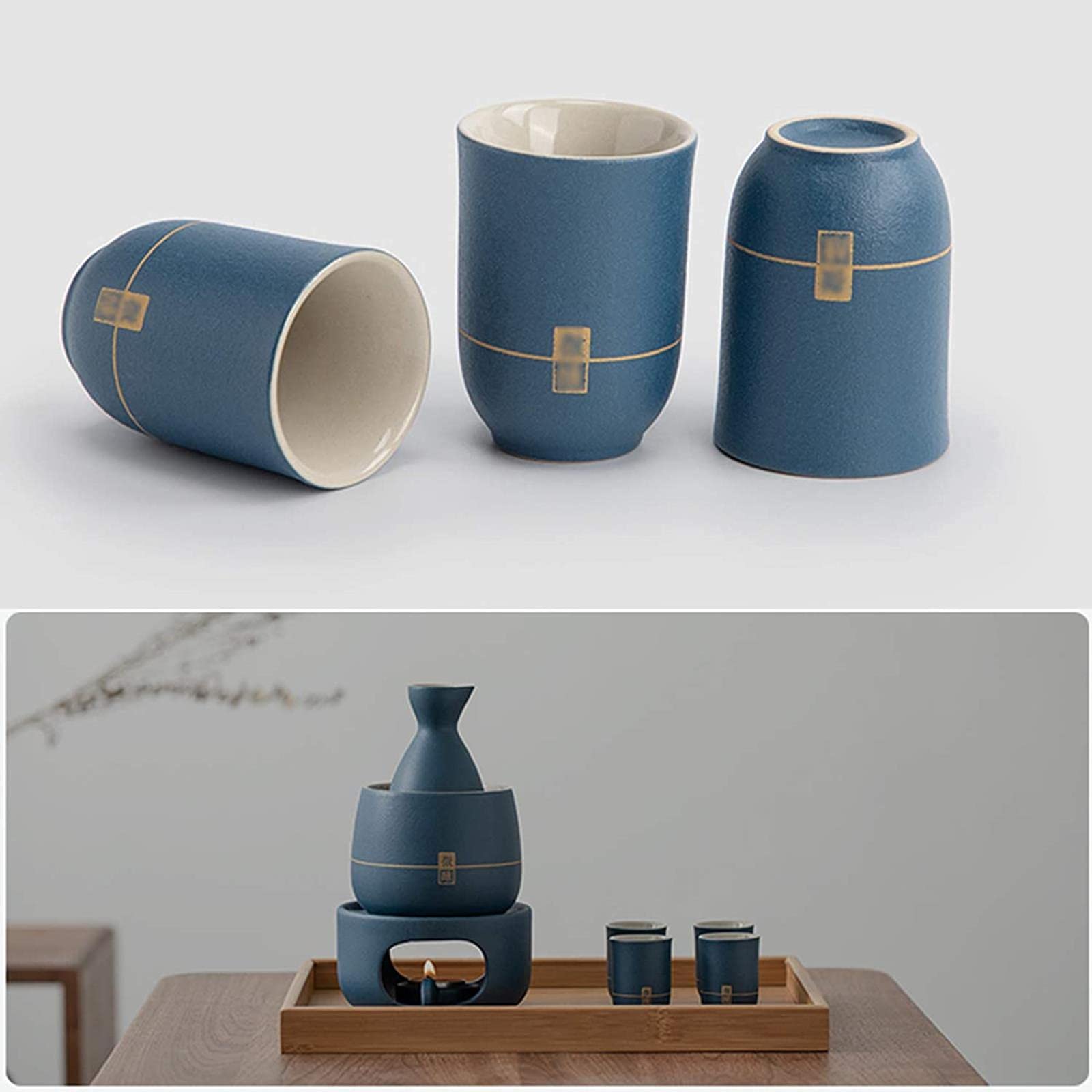 Juego de Sake conciso con Calentador, Kit de Bebida de Saki Caliente de cerámica Japonesa Tradicional de Porcelana, Incluye 1 Estufa 1 tazón de Calentamiento 1 Botella de Sake 4 Tazas y