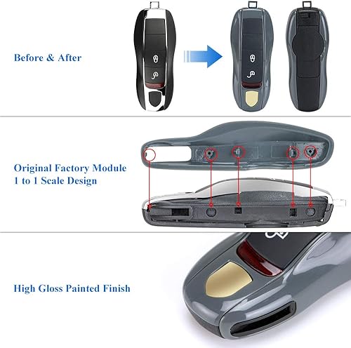 Miniatura 4 de Rolling Gears Funda para llavero remoto y botón de goma de repuesto compatible con Porsche Cayenne y Macan SUV Key Fob (gris)