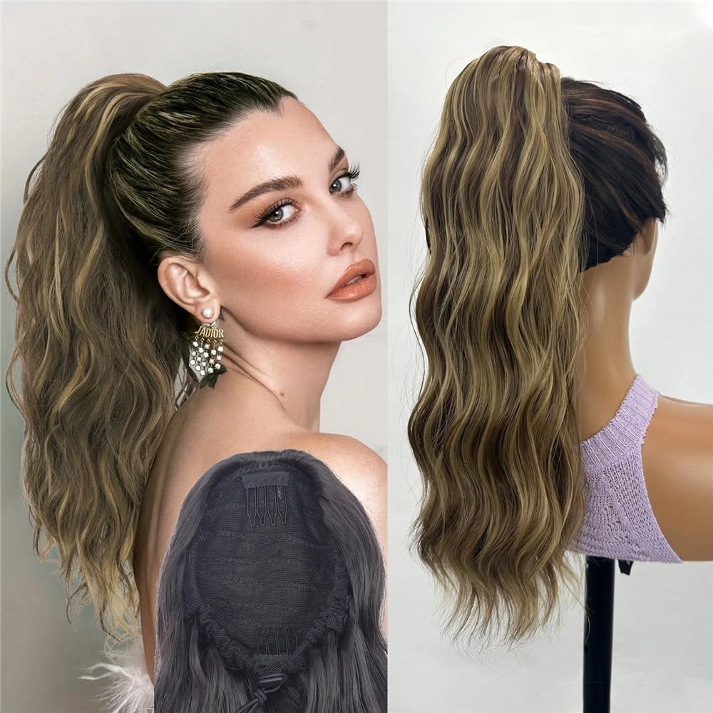 Ponytail Extension 18-Zoll-Pferdeschwanzverlängerung mit Kordelzug, lange, lockige, gewellte Haarteile, synthetischer Pferdeschwanz for Frauen(12H24)