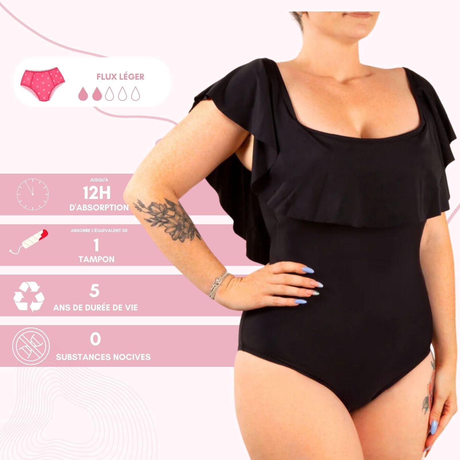 Maillot de Bain Menstruel Une Pièce - Collection Sélène - Hypoallergénique - Taille XS à 2XL