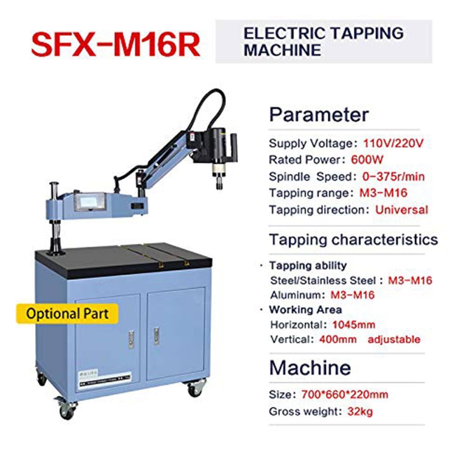 Brazo de roscado eléctrico universal M3-M16 para máquina perforadora de roscas de metal para tuberías, horizontal 1200 mm y vertical 400 mm