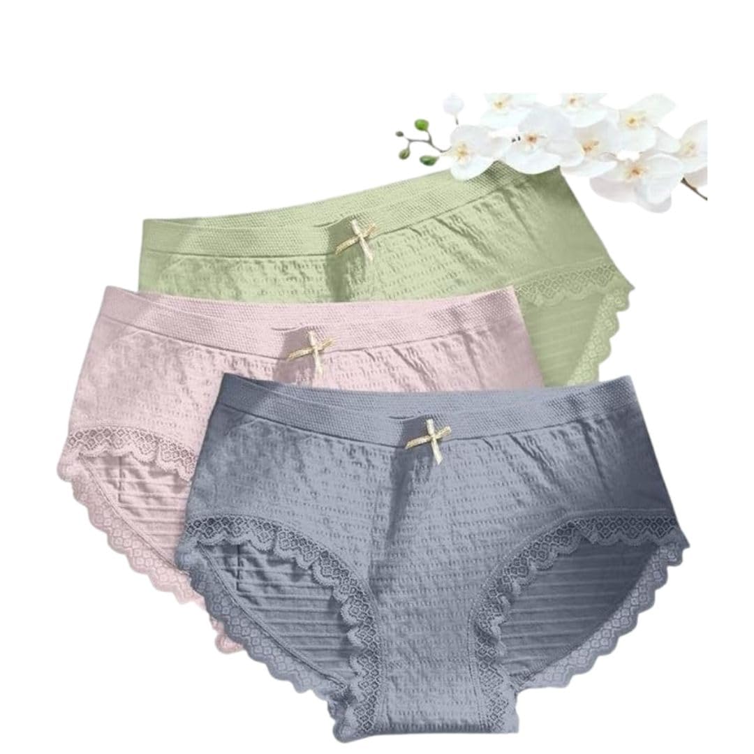 velynea Women’s High-Waist Lace Trim Panty Set – 3 Pack Soft Cotton Blend Briefs with Bow Breathable & Comfortable Underwear for Women Multicolor-picture-56