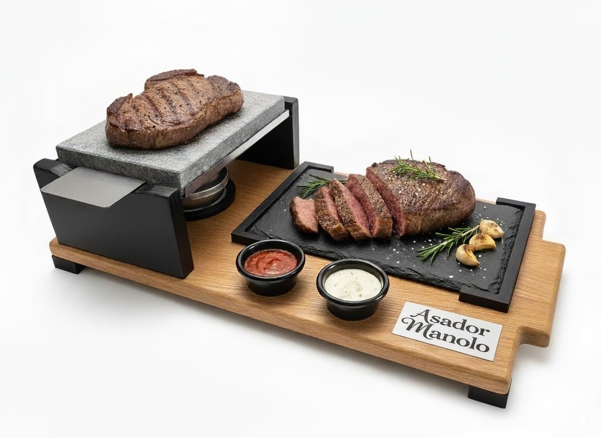 PIEDRASAR Piedra Volcánica para Asar, 15x20 cm, Set con Plato de Pizarra, Quemador de Alcohol y Salseros, Base de Roble