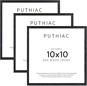 Puthiac 10x10 Black Oak Wood Picture Frame - 10x10 Natural Solid Wood Poster Frames for Wall Art Photo and Prints (3 Pack)