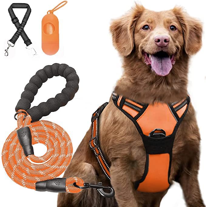 LIODUX Dog Harness and Leash Set,No Pull Dog Harness for Large Dogs,Adjustable Oxford Dog Vest Harness with Leash,Includes a Free 150 CM Leash and a Doggy Seatbelt (Large,Orange)
