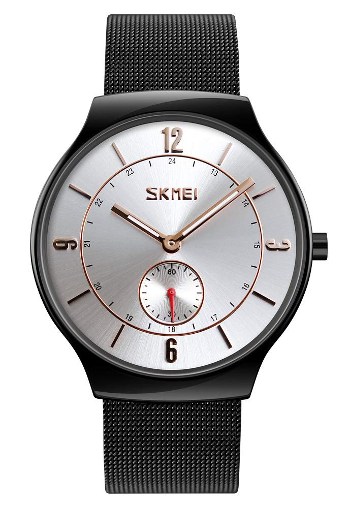 sdsmdMen's Simple Quartz Analog Fashion Classic Business Casual Stainless Steel Black Milanese Mesh Watch Waterproof Ultra Slim Watch (Silver Dial)