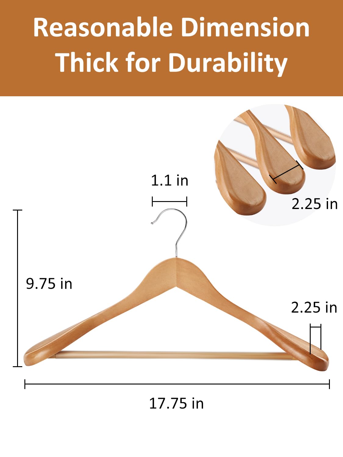 AMKUFO Perchas de madera de hombro ancho, paquete de 8 perchas con barra antideslizante para pantalones, perchas de madera resistentes con acabado suave, gancho giratorio de 360° para suéter, chamarra
