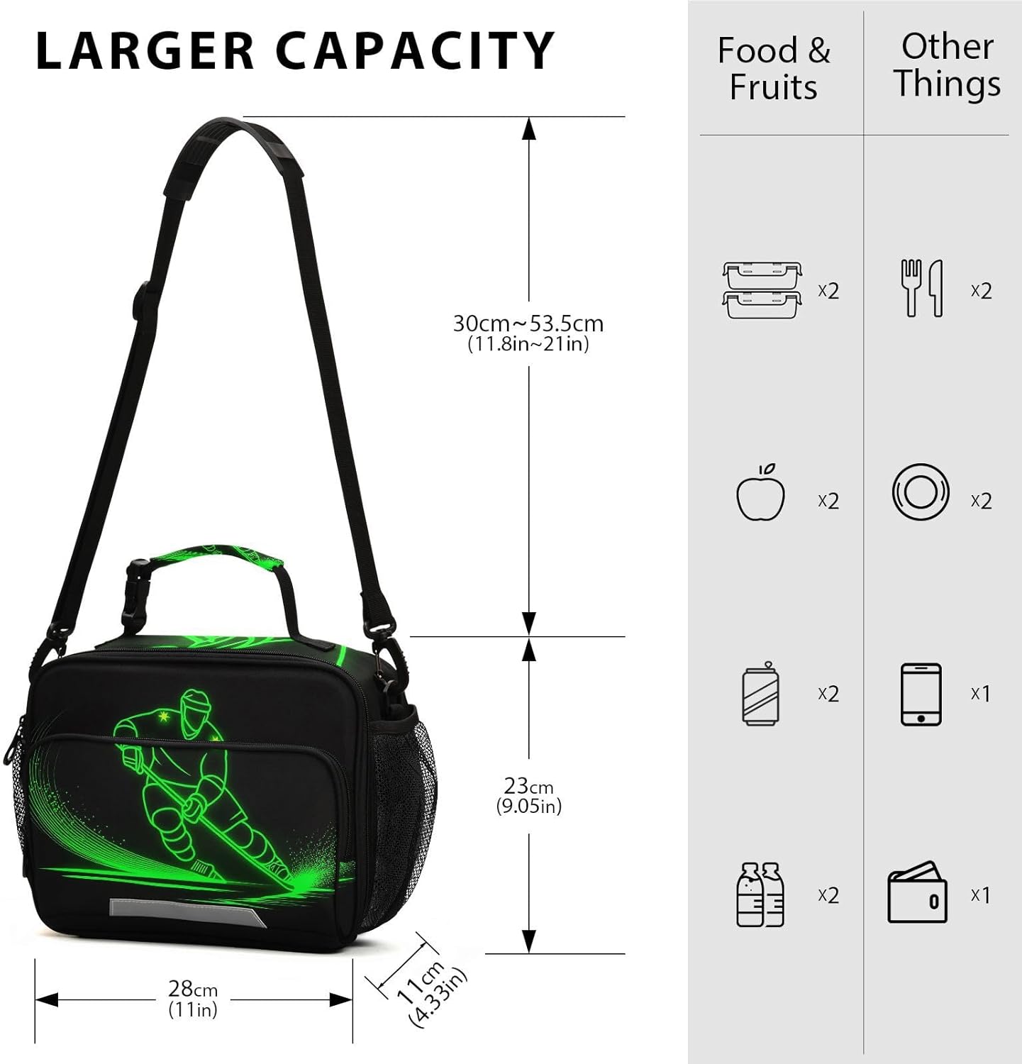 Pfrewn Hockey Player Lunch Box for Kids School Students Green Neon Hockey Sport Insulated Lunch Bag with Shoulder Strap for Office Adults Reusable Cooler Bags Lunch Tote