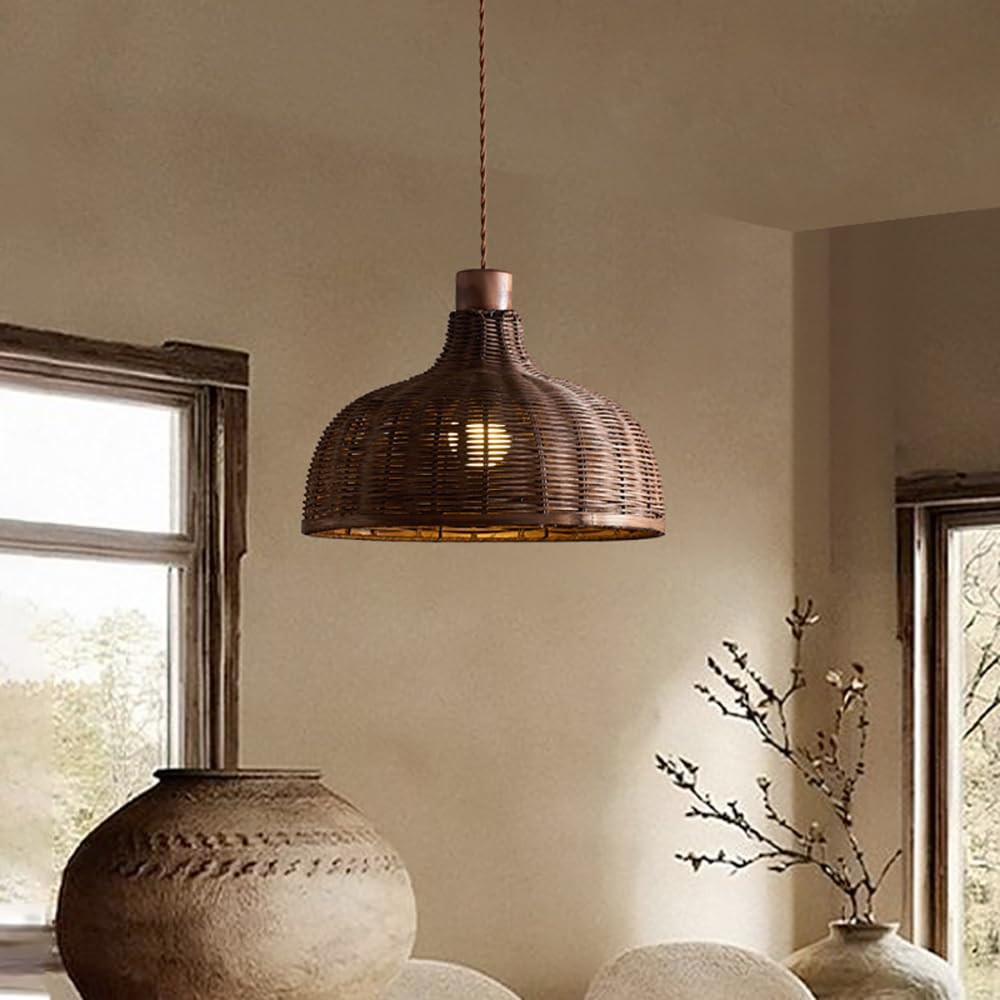 LYMSXAZOU Handmade Rattan Pendant Light - 13.7" Boho Wicker Chandelier for Kitchen Island, Dining Room, and Bedroom(13.7in)