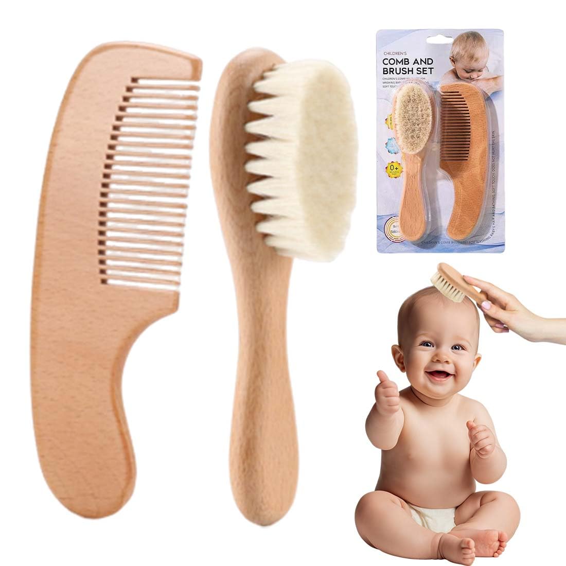 2 Pezzi Spazzole Neonato per Capelli e Serie di Pettini per Neonati - Spazzole in Legno Naturale con Setole di Capra Morbide - Regalo Perfetto per la Doccia per il Bambino