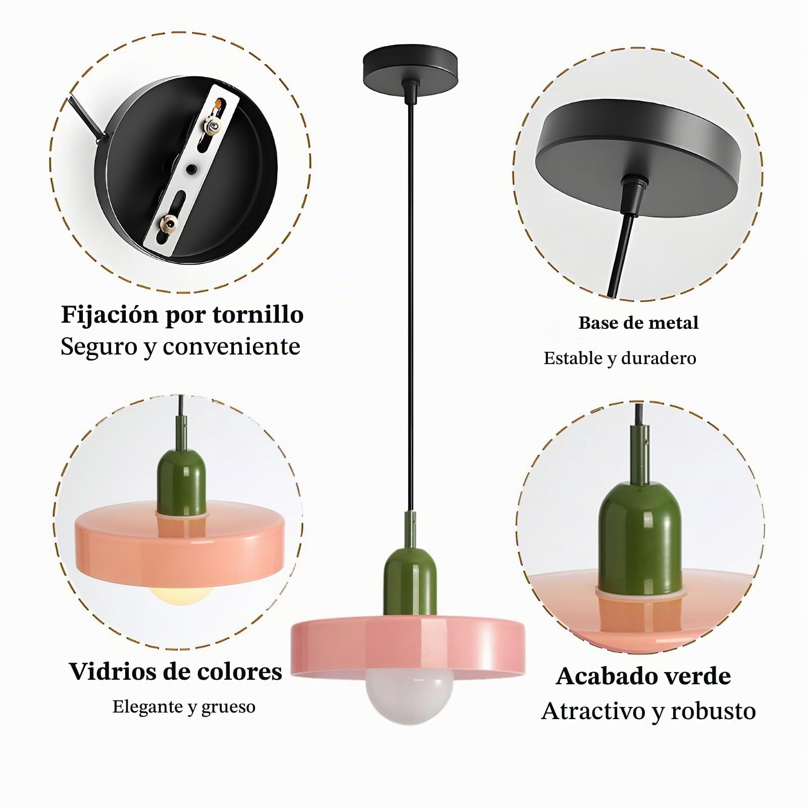 Lámpara Colgante de Techo con Pantalla Redonda de Vidrio de 25cm, Base E27, Moderna Luz Colgante Ajustable en Altura para Cocina Isla Comedor Dormitorio (Rosa)