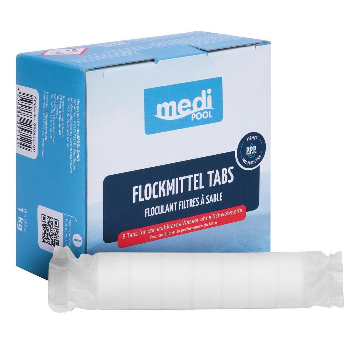 Medipool Flockmittel Tabs 3X 1 kg, gegen Trübungen, Machen feine Partikel filtrierbar, effektive Wasserpflege für Pools mit Sandfilteranlagen, einfache Anwendung, 24x 125g