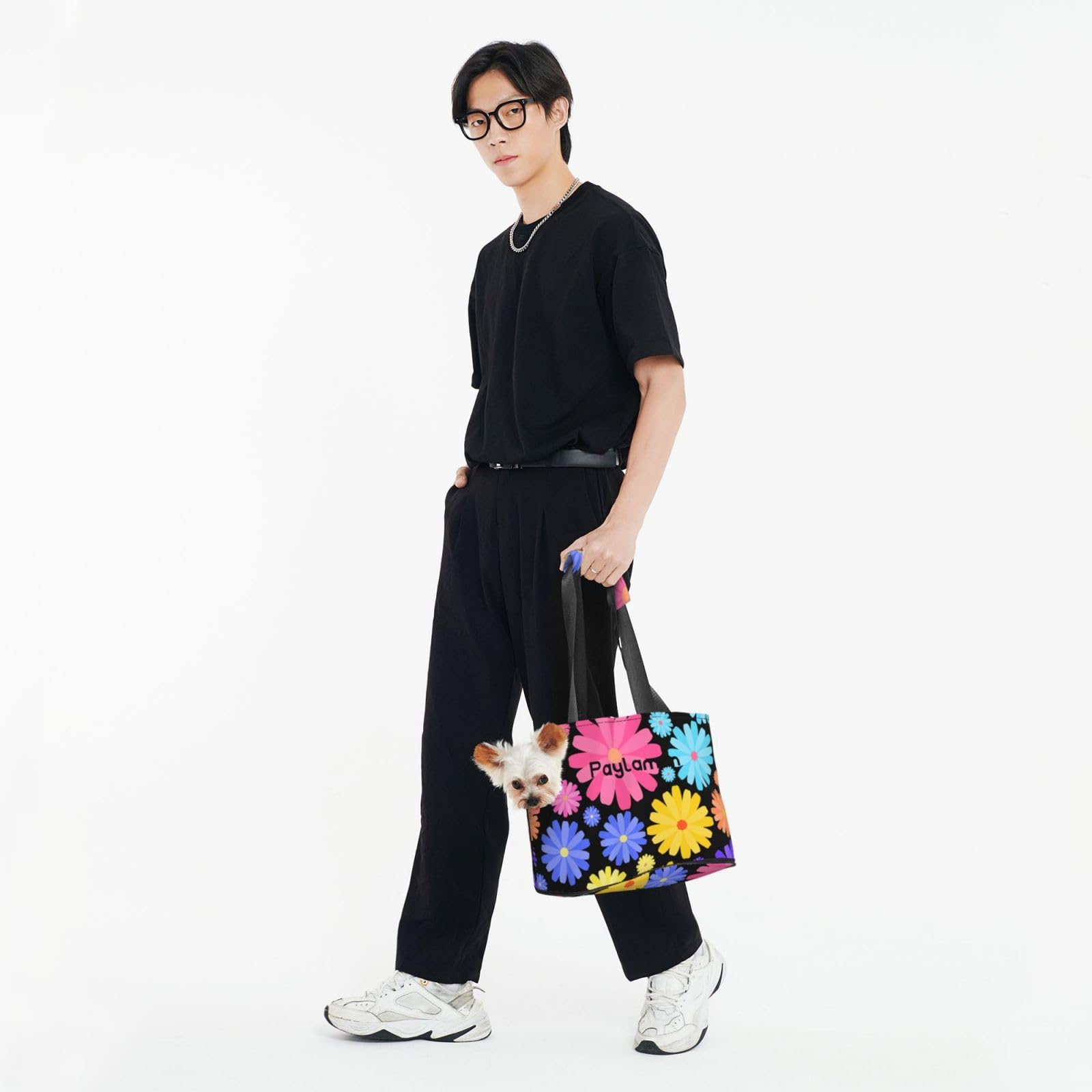 Sac à bandoulière portable pour petit chat et chien, sac fourre-tout de voyage pliable, sac de transport pour chiot pour transport en avion, bus, métro (petites fleurs)