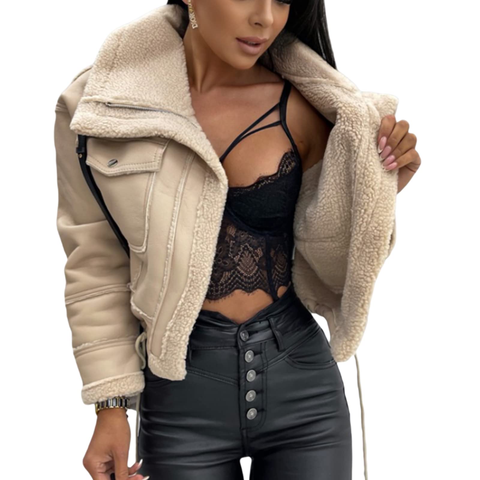 Damen Lederjacke Kurz Gefüttert Winterjacke Warm Winter Fleece Motorrad Jacke Vintage Innenfutter Mantel mit Reißverschluss Fellkragen Wintermantel