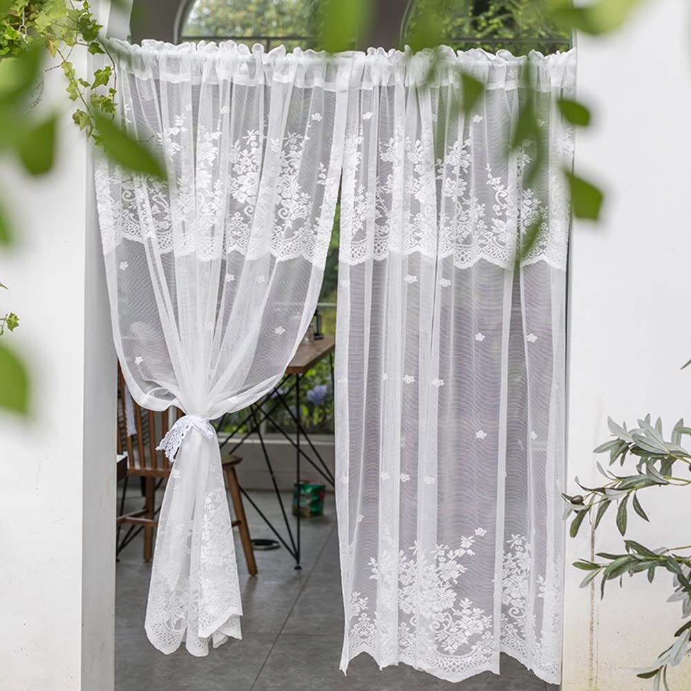 Cortinas de encaje blanco rUrEu con bordado floral de 150x260 cm para salón y balcón
