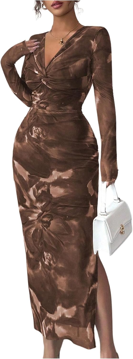 GORGLITTER Women's Floral Bodycon Midi Dress Long Sleeve V Neck Party Formal Prom Wedding Guest Cocktail Maxi Dresses
