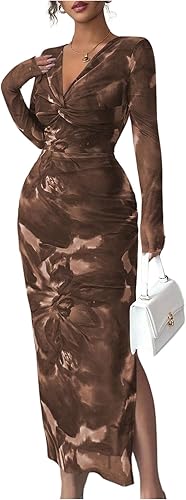 GORGLITTER Women's Floral Bodycon Midi Dress Long Sleeve V Neck Party Formal Pro