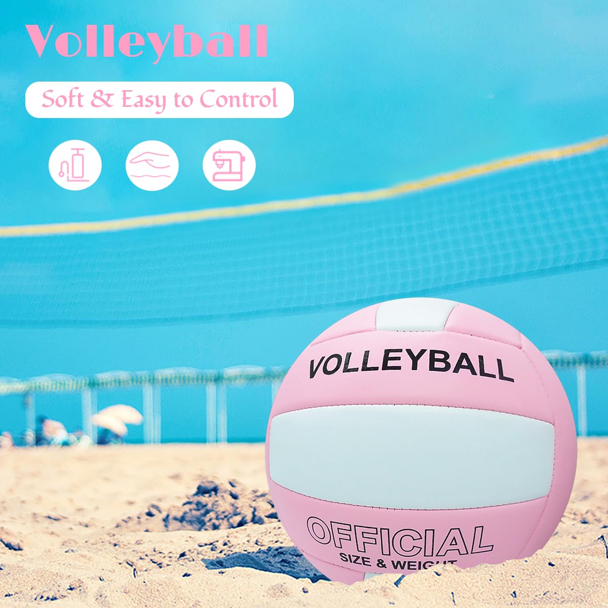 Official Size 5 Soft Volleyball for Indoor Outdoor Beach Pool Gym Training, 1 Volleyball with 1 Pump & 2 Air Needles for Girls Boys Beginner Teenager Adult (Pink White)
