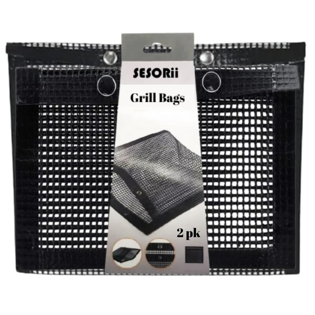 SESORiiLarge Small BBQ Mesh Set 2 Reusable Non-Stick Grill Bag for Charcoal Gas Electric Grills Smokers Pitmasters Heat Resistant Barbecue Bag Vegetables Grilling Pouches Grill Accessories BBQ Tools