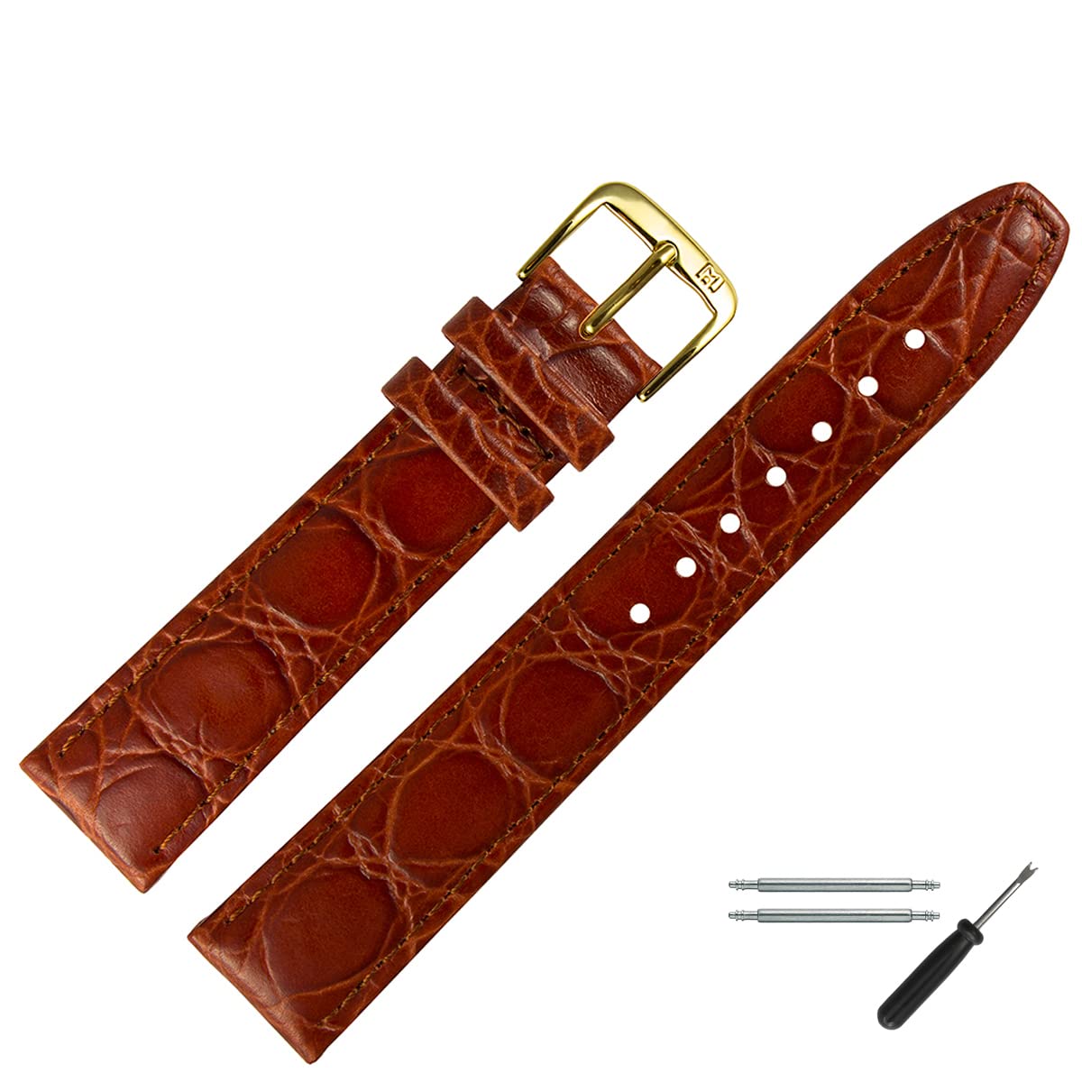MARBURGER Uhrenarmband 18mm Leder Kroko (Caiman) Prägung Mit Naht - Werkzeug Montage Set 52918