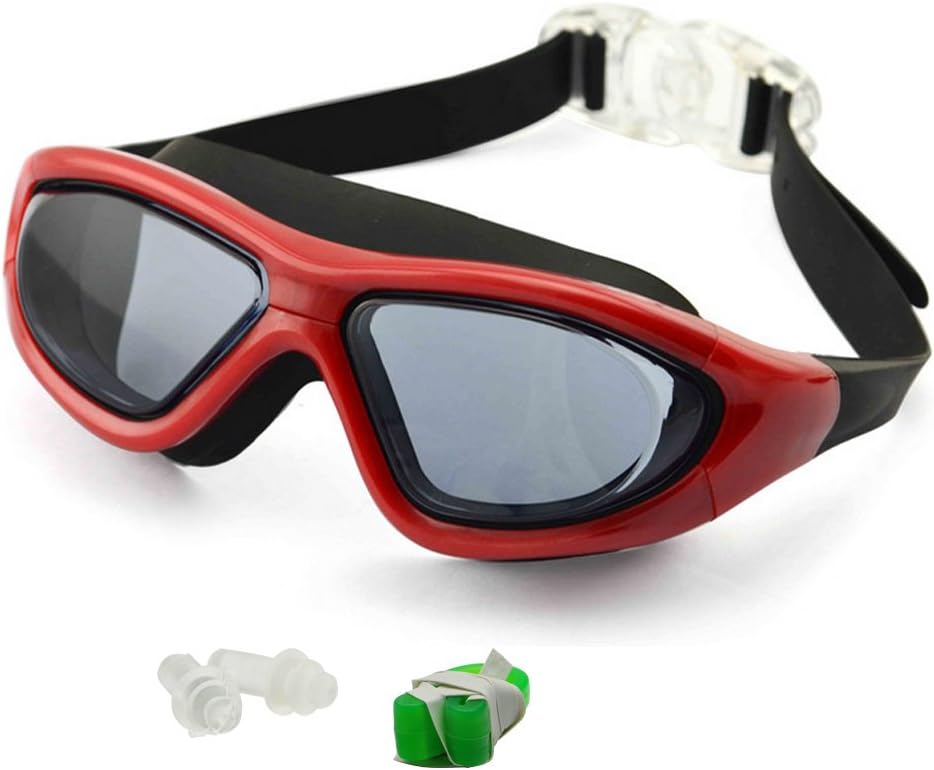 Swimming Goggles for Adult Men, Women and Teenager - UV Protection, Anti-fog, Nose Clip, Ear Plugs & Included Big Frame Swim Mask - Soft Silicone Eye Seals and Strap, Adjustable Buckle