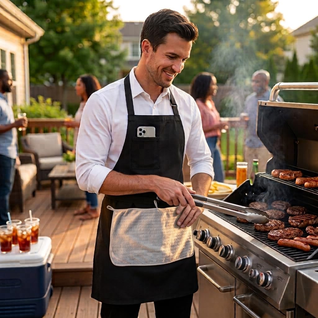 Adjustable Kitchen Bib Apron with Detachable Button-On Towel 3 Pockets | Water and oil resistant, wrinkle-resistant fabric; suitable for cooking, BBQ, cleaning, gardening, crafts and woodworking