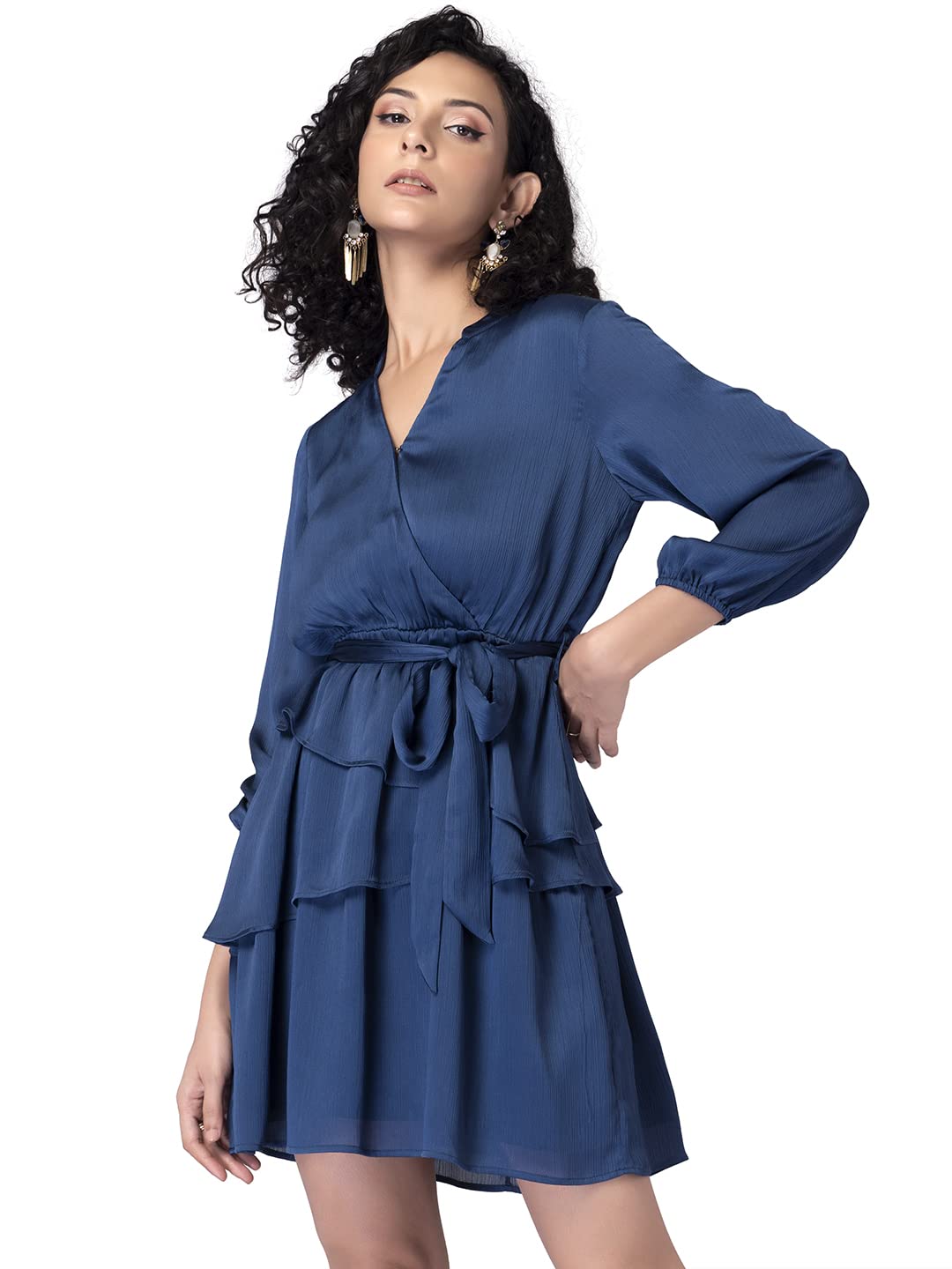faballey Women's Satin Blue Tiered Dress with Fabric Belt Mini-picture-11
