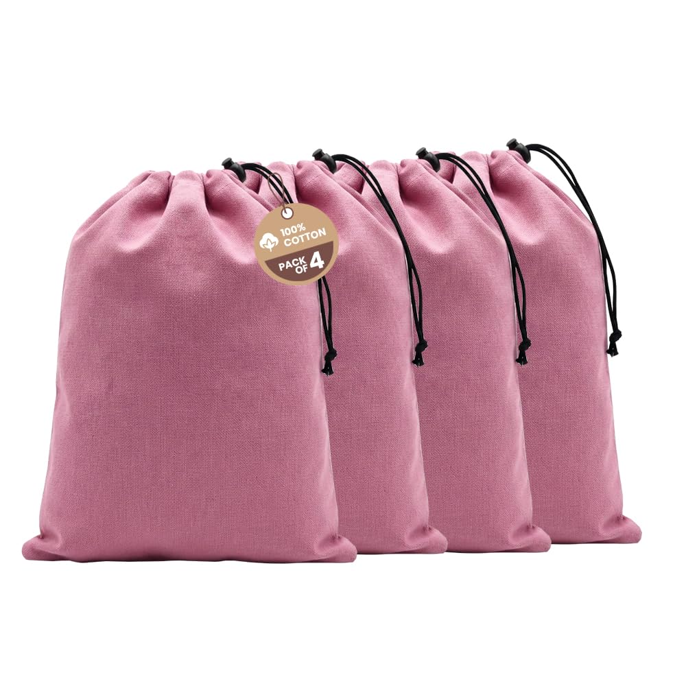 LFH Cotton Shoe Storage Bags with Drawstring, Dustproof Breathable Reusable Organizer, Perfect For Travel, Dorm, Hotel, College, Gym, Easy to Carry, Machine Washable 12"x17" (Pack of 4) - Pink