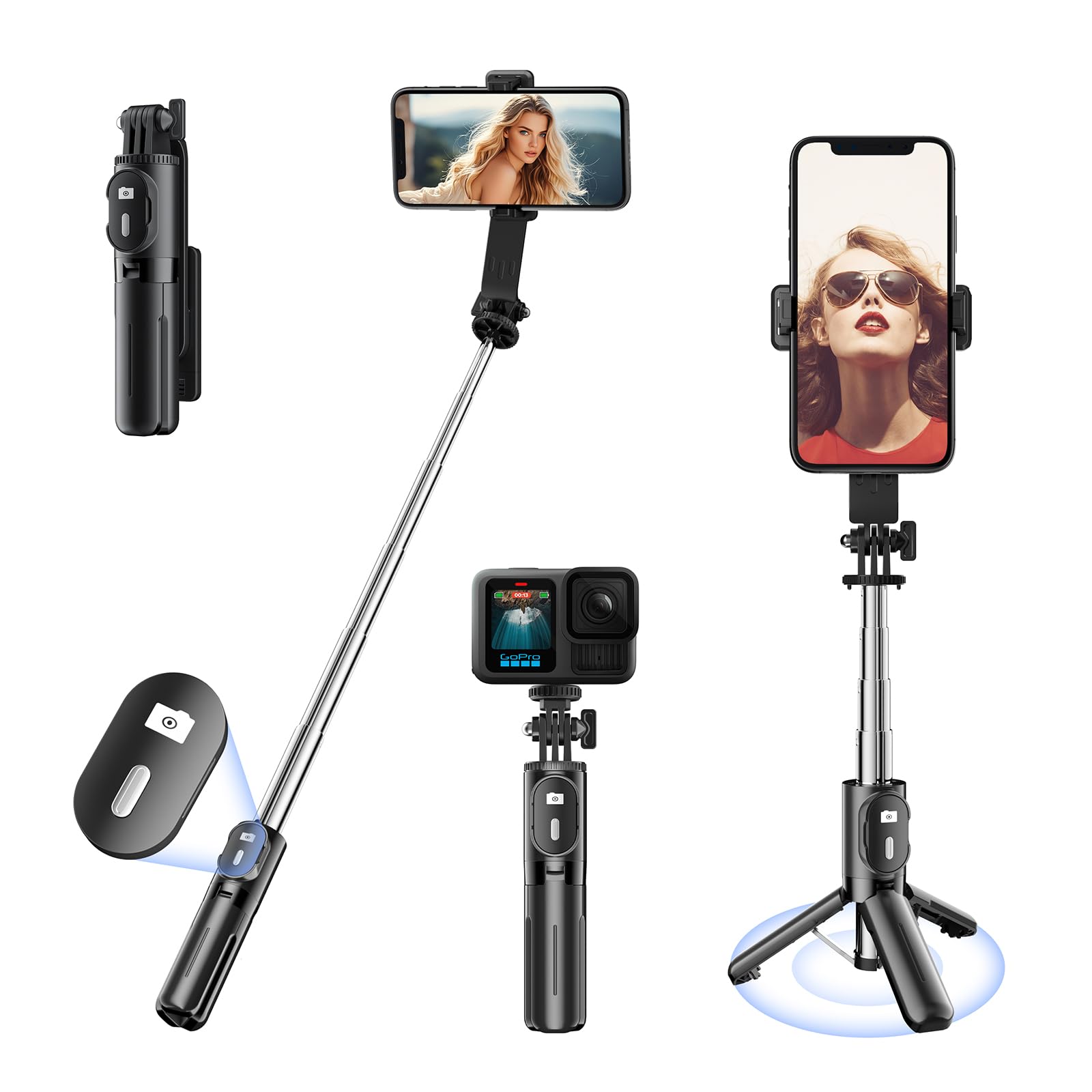 KINGONE Mini Selfie Stick Tripod, Extendable Phone Stand with Bluetooth Remote 71cm, Portable Tripod Selfie Stick for iPhone/Samsung/GoPro, Mobile Selfie Stick with Tripod Stand, Black-image-8