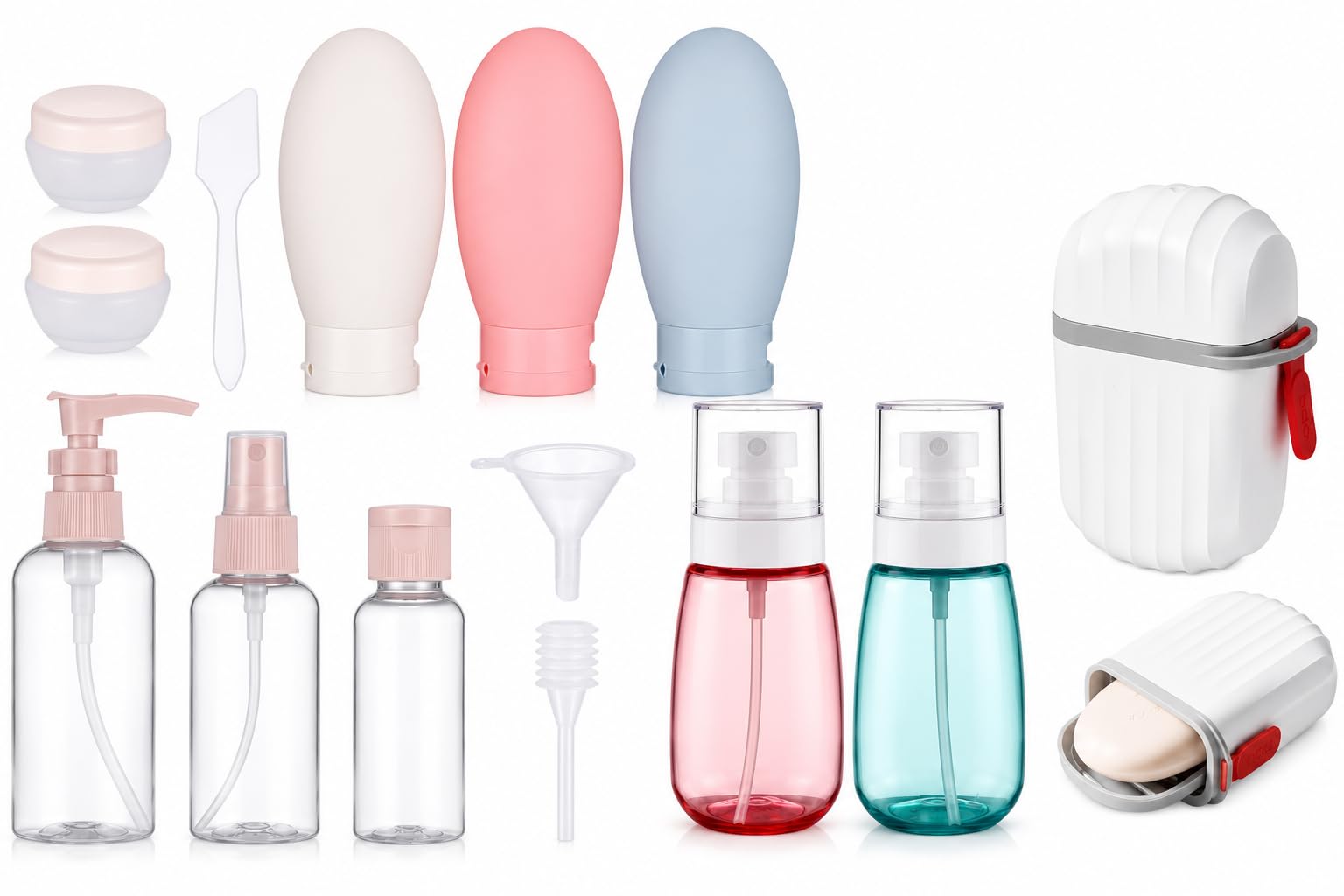 14 PCS Travel Toiletry Bottles Set with Silicone Squeeze Bottles, Spray Bottles, Cream Jars, Soap Box & Refillable Travel Containers Reusable Travel Accessories Kit for Shampoo, Lotion & Cosmetics-image-44