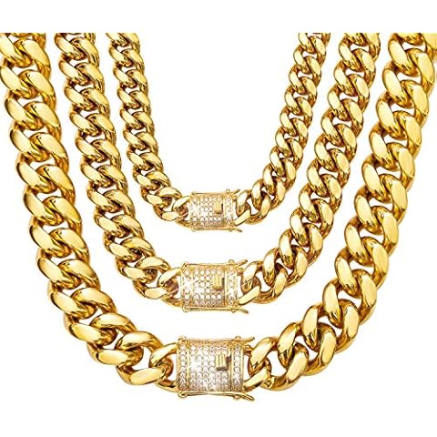 8mm-18mm Mens Miami Curb Cuban Link Chain 18K Gold Tone Stainless Steel Necklace CZ Diamond Chain Choker (22 inches, 14mm) Cover