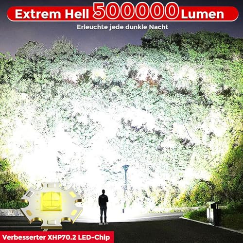 Shadowhawk 500000 Lumen Taschenlampe LED Aufladbar - Bis zu 1000m Reichweite, 24h Laufzeit mit 2 Akkus, LCD-Prozentanzeige Taktische Taschenlampen, Extrem Hell Flashlight für Camping, Wandern, Outdoor
