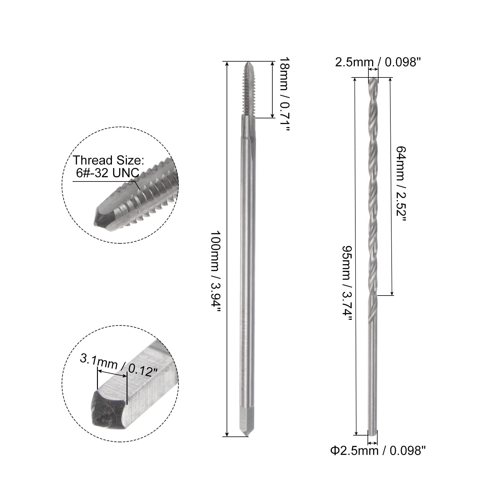 Set di Maschi e Punte, Maschio per Filettatura a Macchina con scanalatura Dritta 6#-32 UNC H2 Extra Lungo, Punta elicoidale in Acciaio rapido (HSS) da 2,5 mm