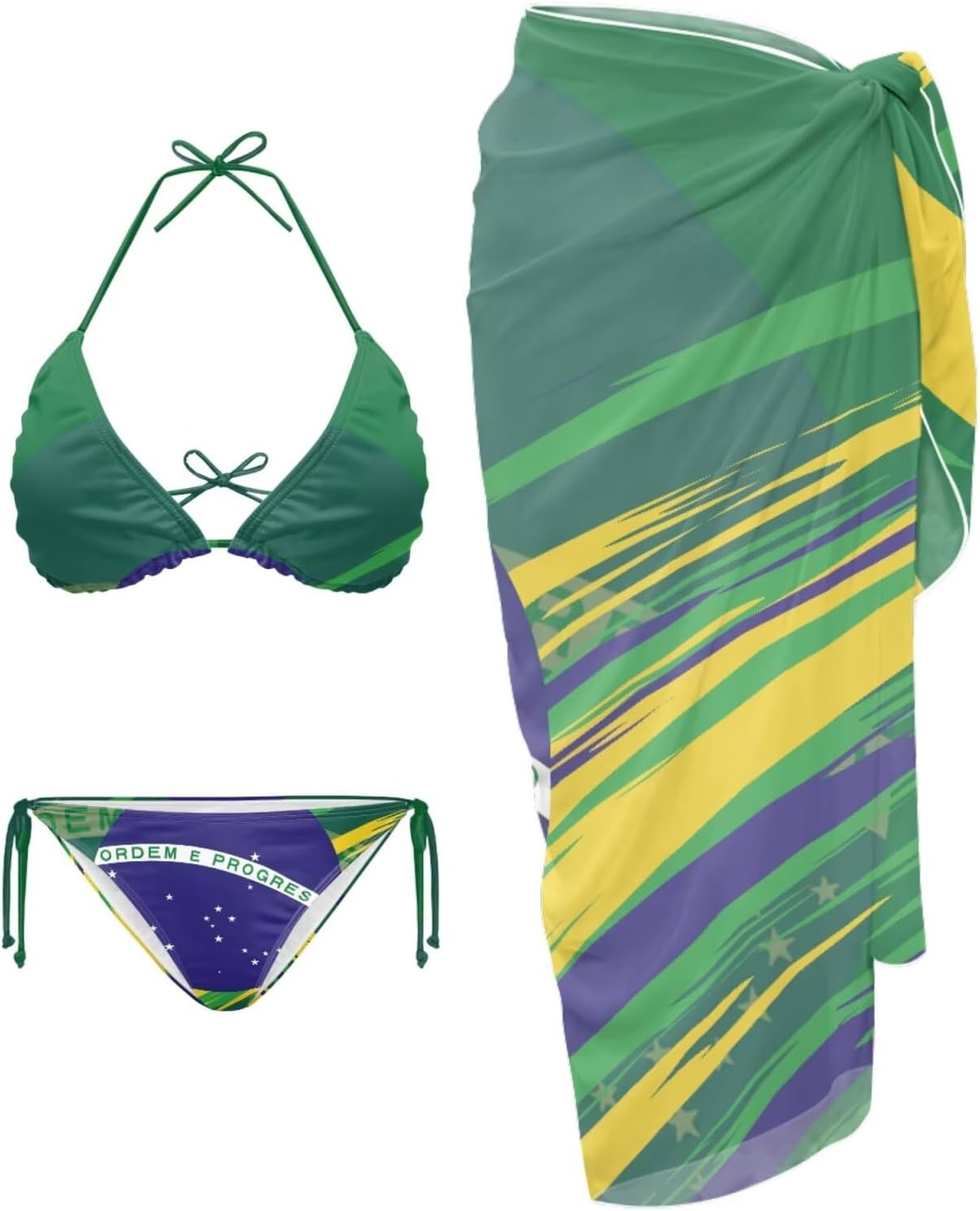 Xpyiqun Flag Bikini Sets for Women 3 Piece Swimsuits with Cover Up Skirt Sexy Halter String Bathing Suit Beach Swimwear